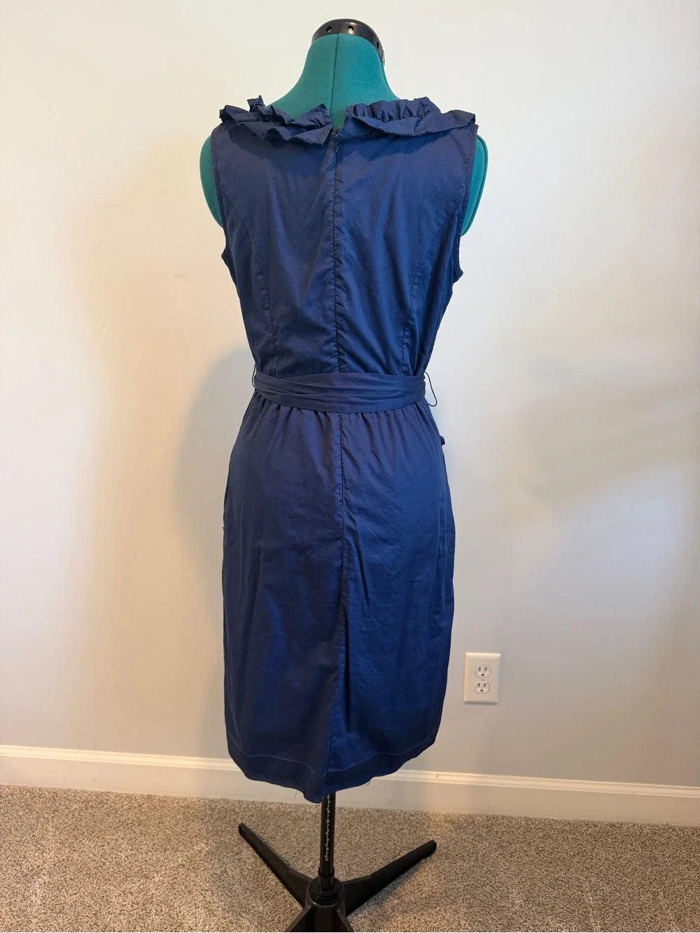 Vintage J Crew Navy Ruffle Neck Sleeveless Dress with Tie Waist